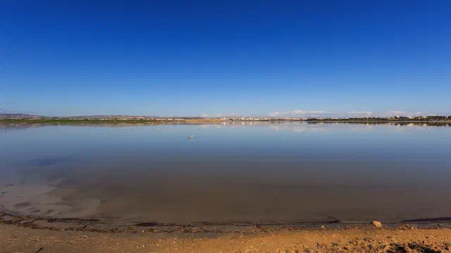 Het zoutmeer van Larnaca met de oever op de voorgrond Het zoutmeer van Larnaca met de oever op de voorgrond